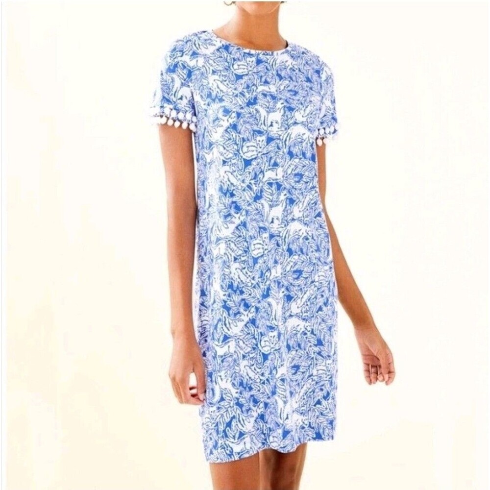 Lilly  pulitzer lissie 100% pima cotton pom pom dress blue white foxes sz M